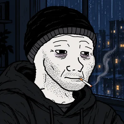 Doomer Wojak portrait in a black beanie